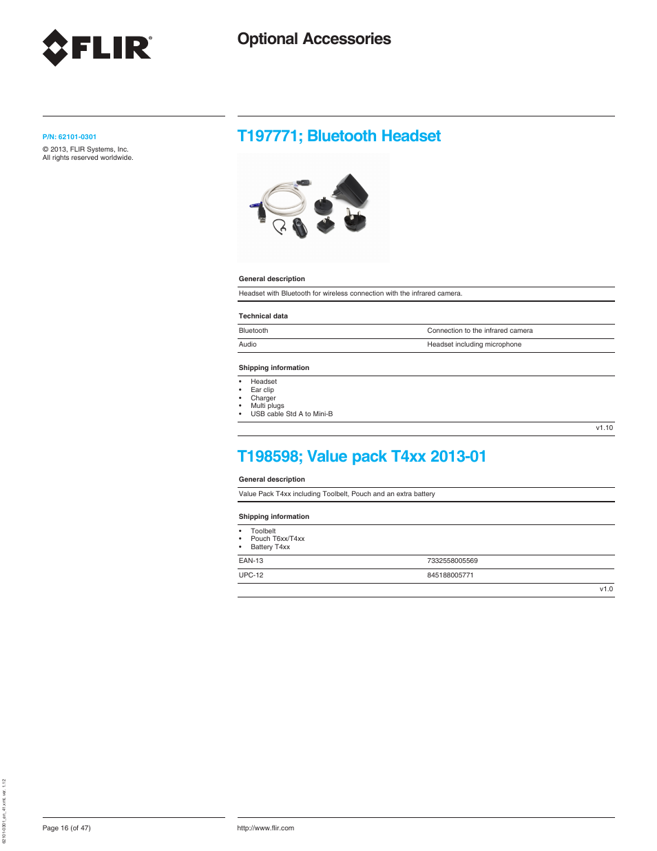 T197771; bluetooth headset, T198598; value pack t4xx 2013-01, Optional accessories | Atec Flir-T440-wifi User Manual | Page 16 / 53
