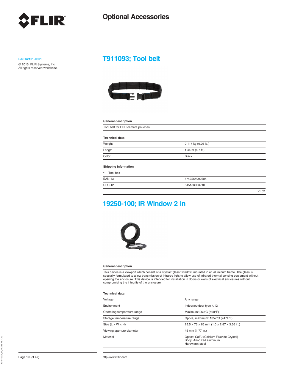 T911093; tool belt, 19250-100; ir window 2 in, Optional accessories | Atec Flir-T440-wifi User Manual | Page 19 / 53