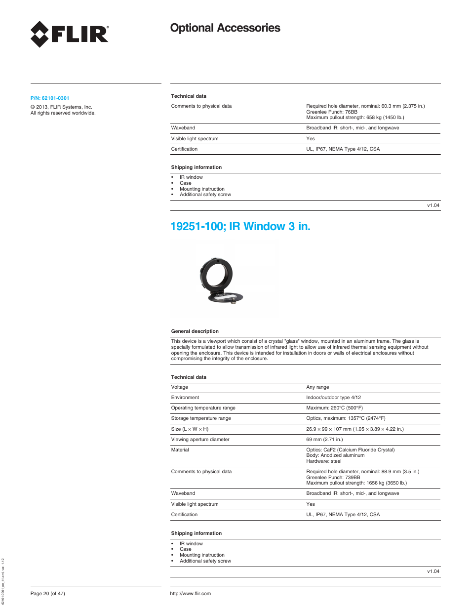 19251-100; ir window 3 in, Optional accessories | Atec Flir-T440-wifi User Manual | Page 20 / 53