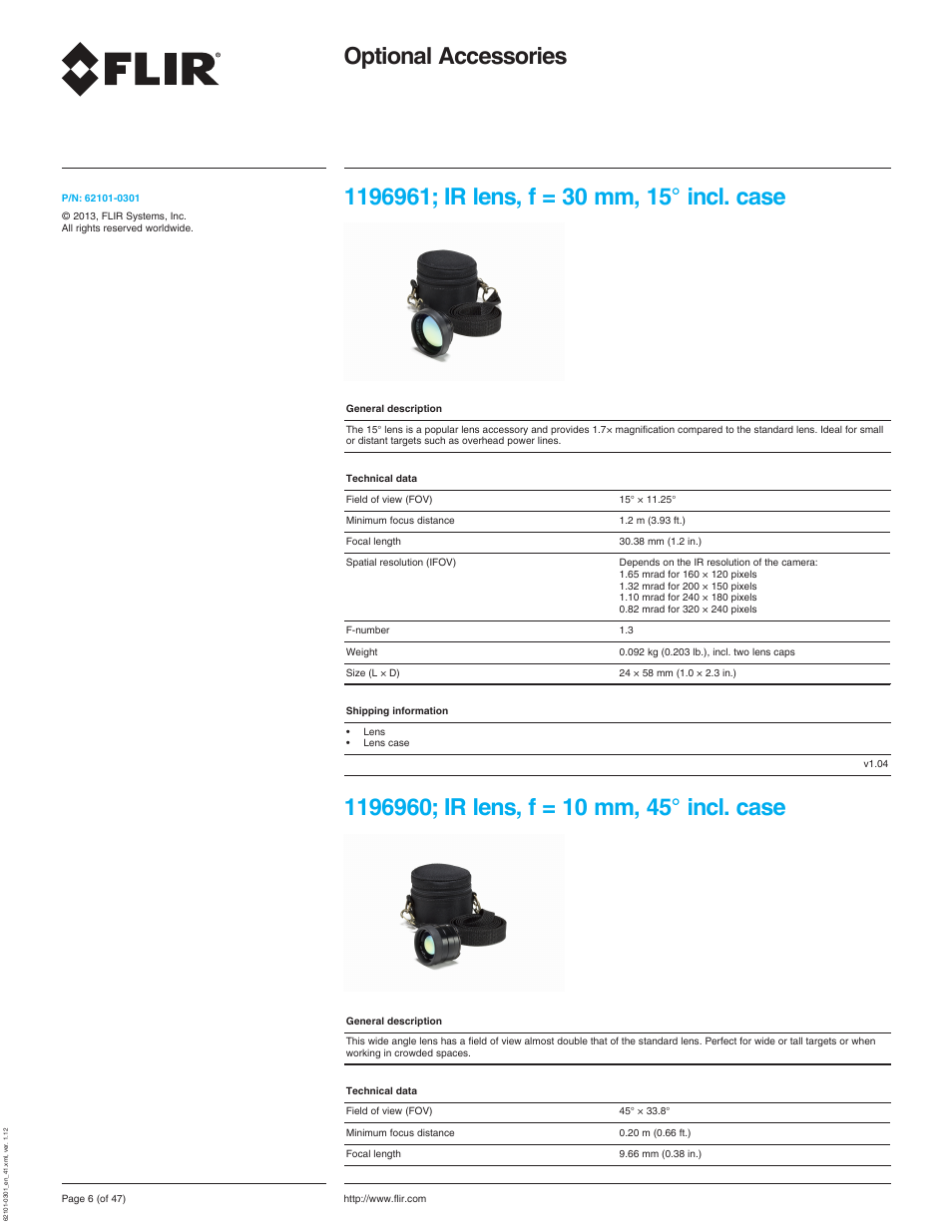 Optional accessories, 1196961; ir lens, f = 30 mm, 15° incl. case, 1196960; ir lens, f = 10 mm, 45° incl. case | Atec Flir-T440-wifi User Manual | Page 6 / 53