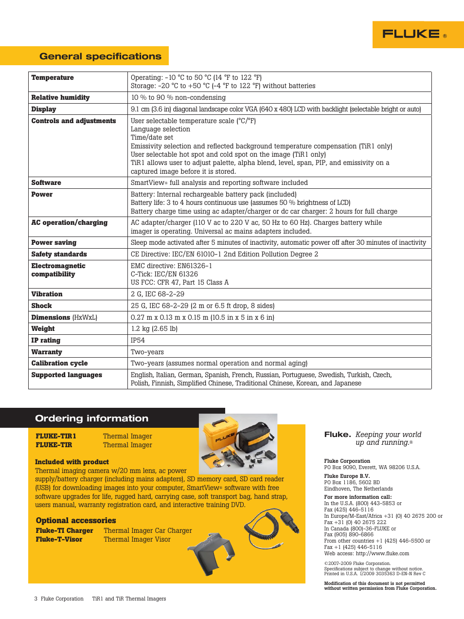 General specifications ordering information | Atec Fluke-Tir User Manual | Page 3 / 3