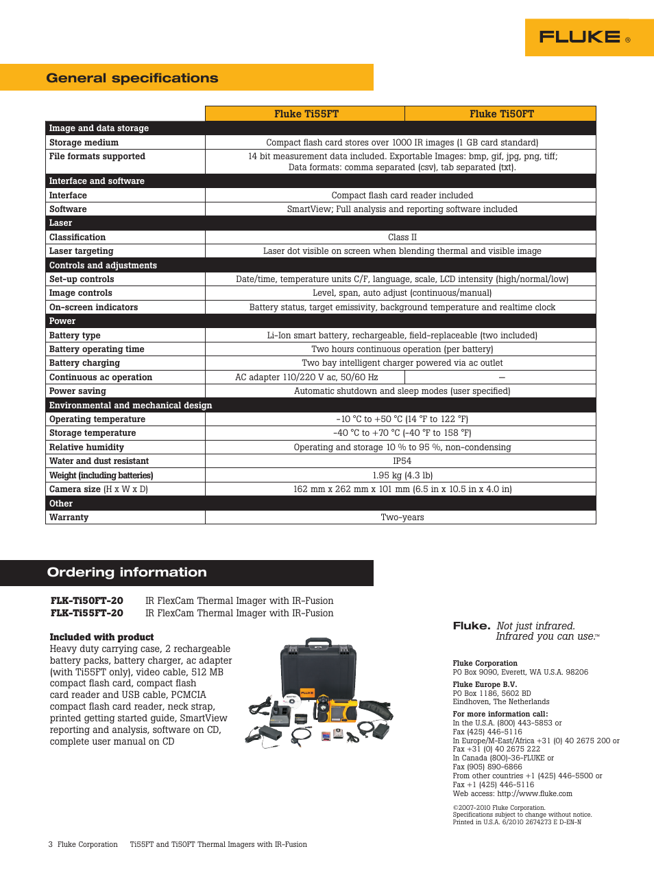 General specifications, Ordering information | Atec Fluke-Ti50FT-Ti-55FT User Manual | Page 3 / 3