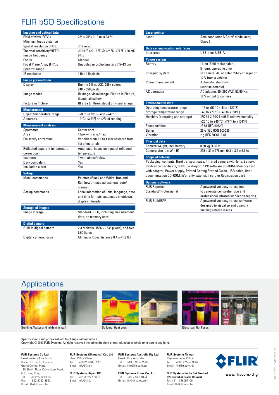 Flir b50 specifications, Applications | Atec Flir-B50 User Manual | Page 2 / 2