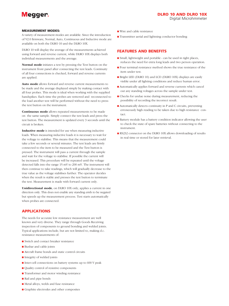 Dlro 10 and dlro 10x digital microhmmeter, Applications, Features and benefits | Atec Megger-DLRO10_DLRO10X User Manual | Page 2 / 4