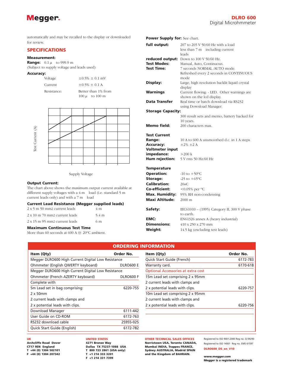 Specifications, Ordering information, Dlro 600 digital microhmmeter | Atec Megger-dlro-600 User Manual | Page 2 / 2