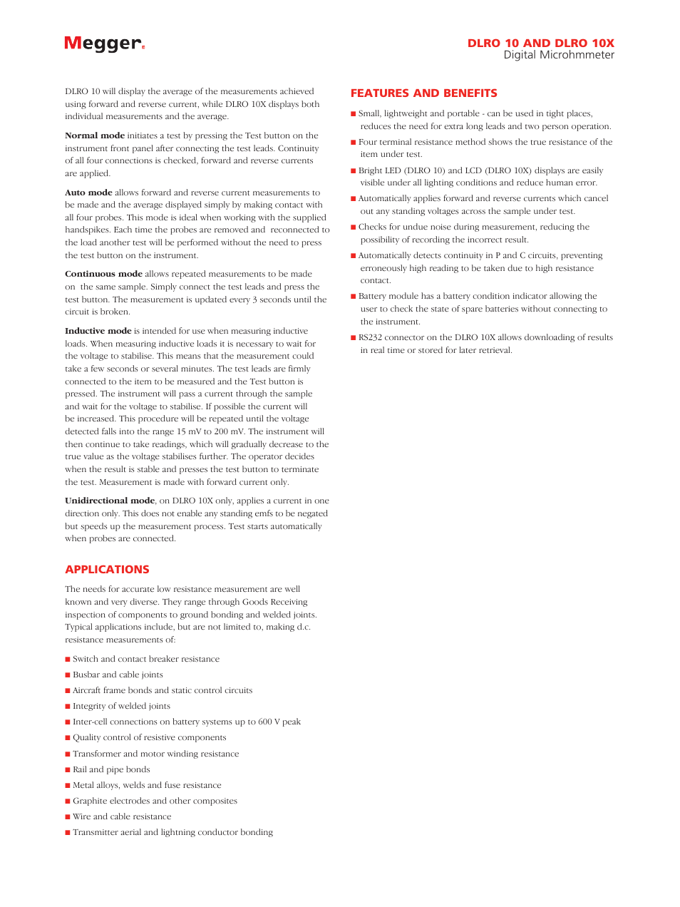 Applications | Atec Megger-DLRO-10-10X User Manual | Page 2 / 4