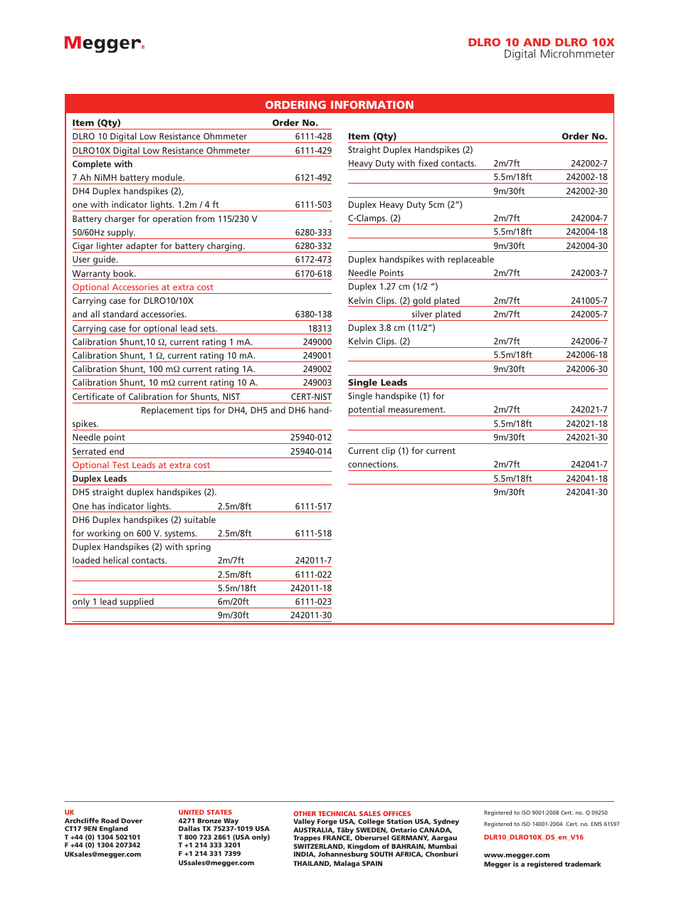 Ordering information, Dlro 10 and dlro 10x digital microhmmeter | Atec Megger-DLRO-10-10X User Manual | Page 4 / 4