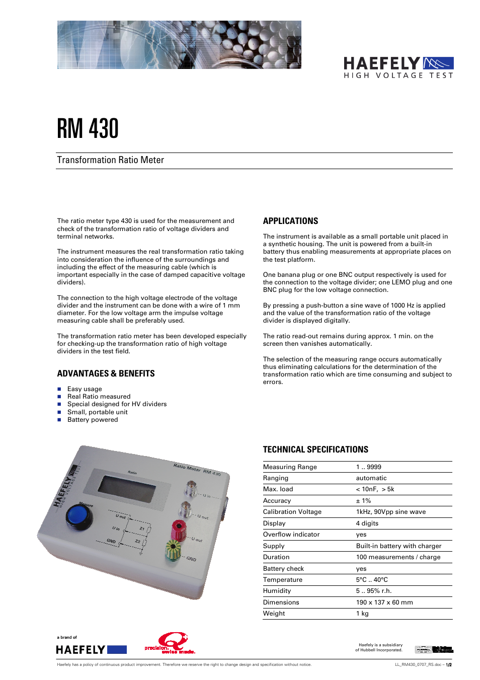 Atec Haefely-RM430 User Manual | 2 pages