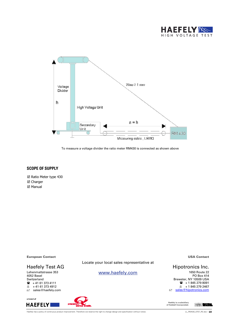 Haefely test ag, Hipotronics inc, Scope of supply | Locate your local sales representative at | Atec Haefely-RM430 User Manual | Page 2 / 2