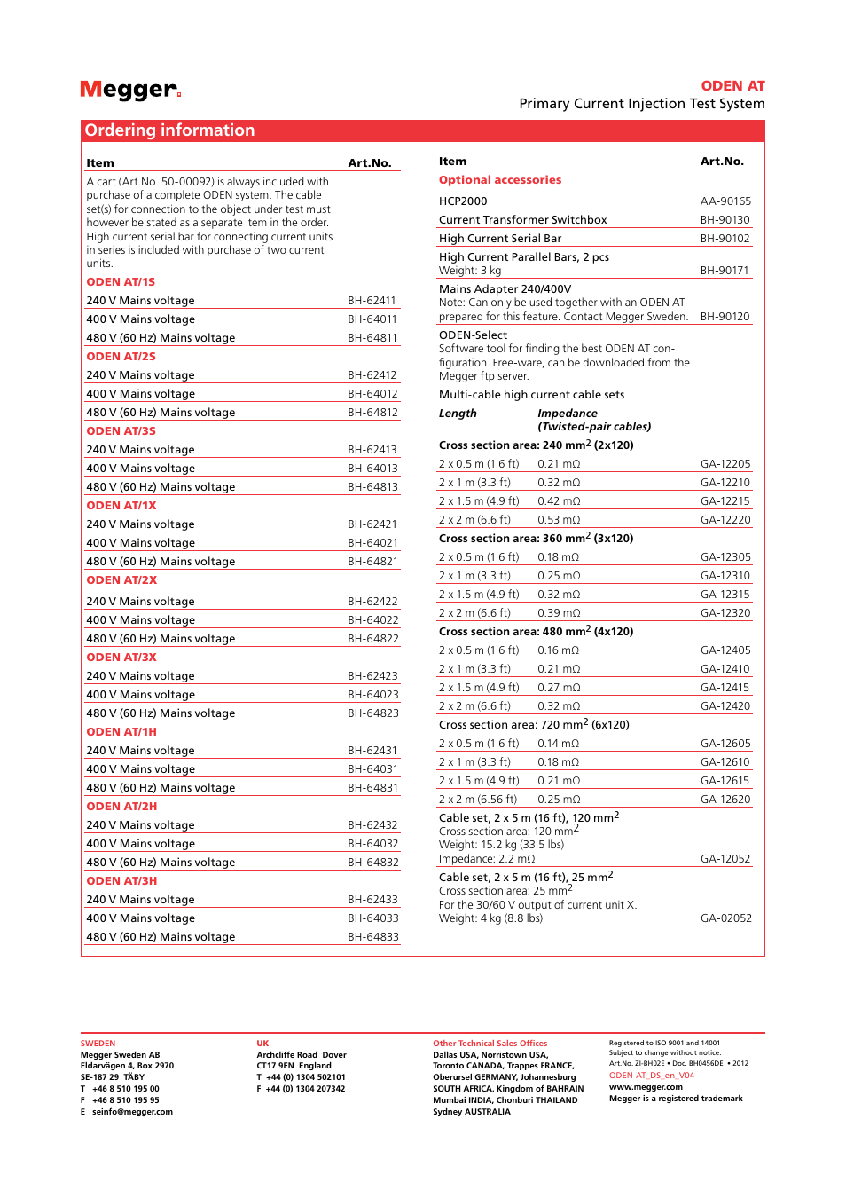 Ordering information, Oden at primary current injection test system | Atec Megger-ODEN-AT User Manual | Page 7 / 7