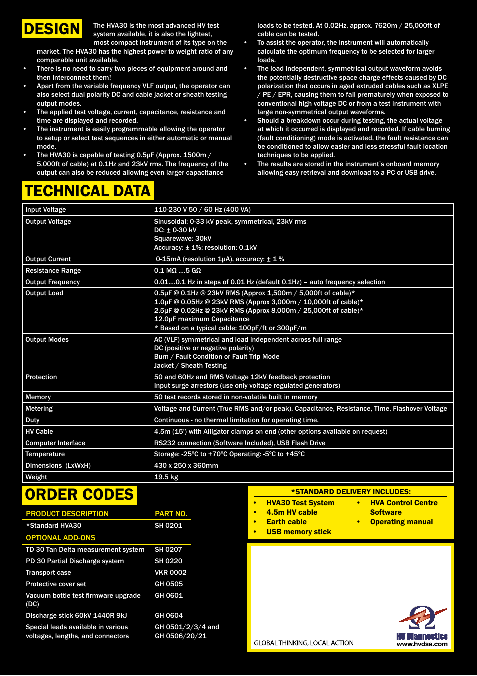 Technical data design order codes | Atec HV-Diagnostics-HVA30 User Manual | Page 2 / 2