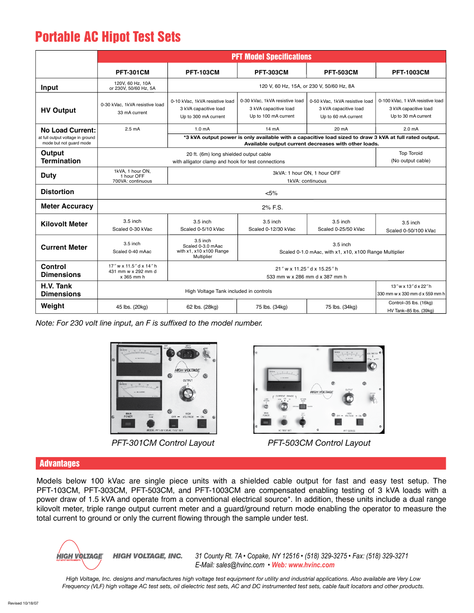 Portable ac hipot test sets, Advantages, Pft model specifications | Atec High-Voltage-PFT Series User Manual | Page 2 / 3