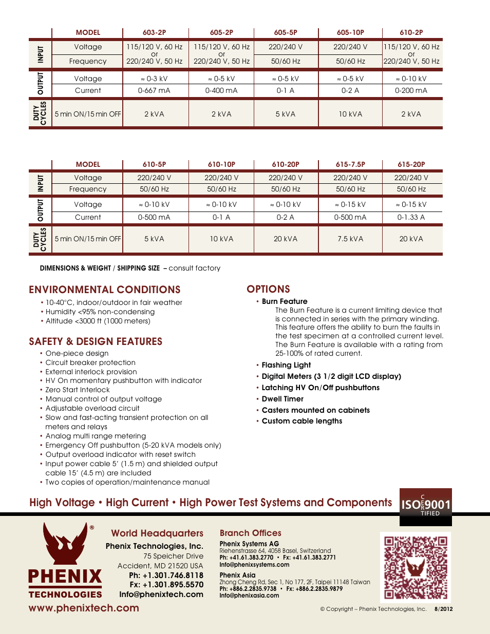 Phenix, Iso 9001, Options safety & design features | Environmental conditions, World headquarters | Atec Phenix-600 Series User Manual | Page 2 / 2