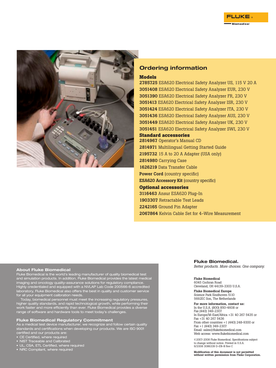 Ordering information, Models, Standard accessories | Optional accessories | Atec Fluke-ESA-620 User Manual | Page 4 / 4