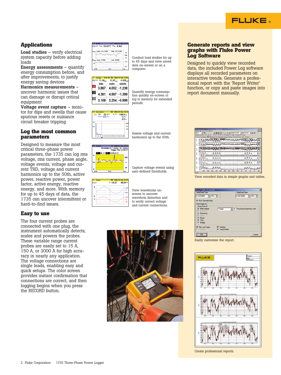 Applications, Log the most common parameters, Easy to use | Atec Fluke-1735 User Manual | Page 2 / 5