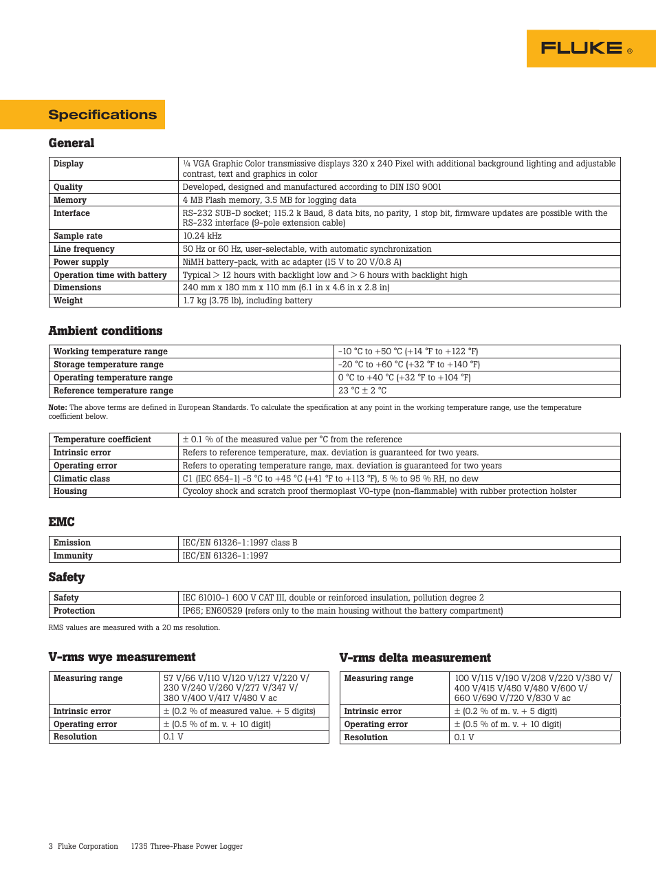 Specifications general, Ambient conditions, Safety | V-rms wye measurement, V-rms delta measurement | Atec Fluke-1735 User Manual | Page 3 / 5