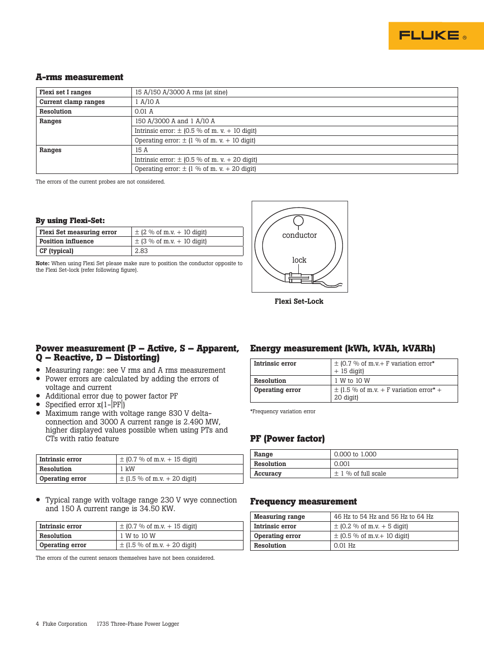 A-rms measurement, Energy measurement (kwh, kvah, kvarh), Pf (power factor) | Frequency measurement | Atec Fluke-1735 User Manual | Page 4 / 5