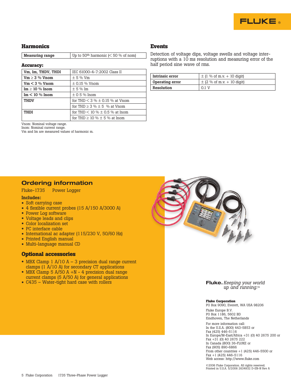 Harmonics, Events, Ordering information | Optional accessories | Atec Fluke-1735 User Manual | Page 5 / 5