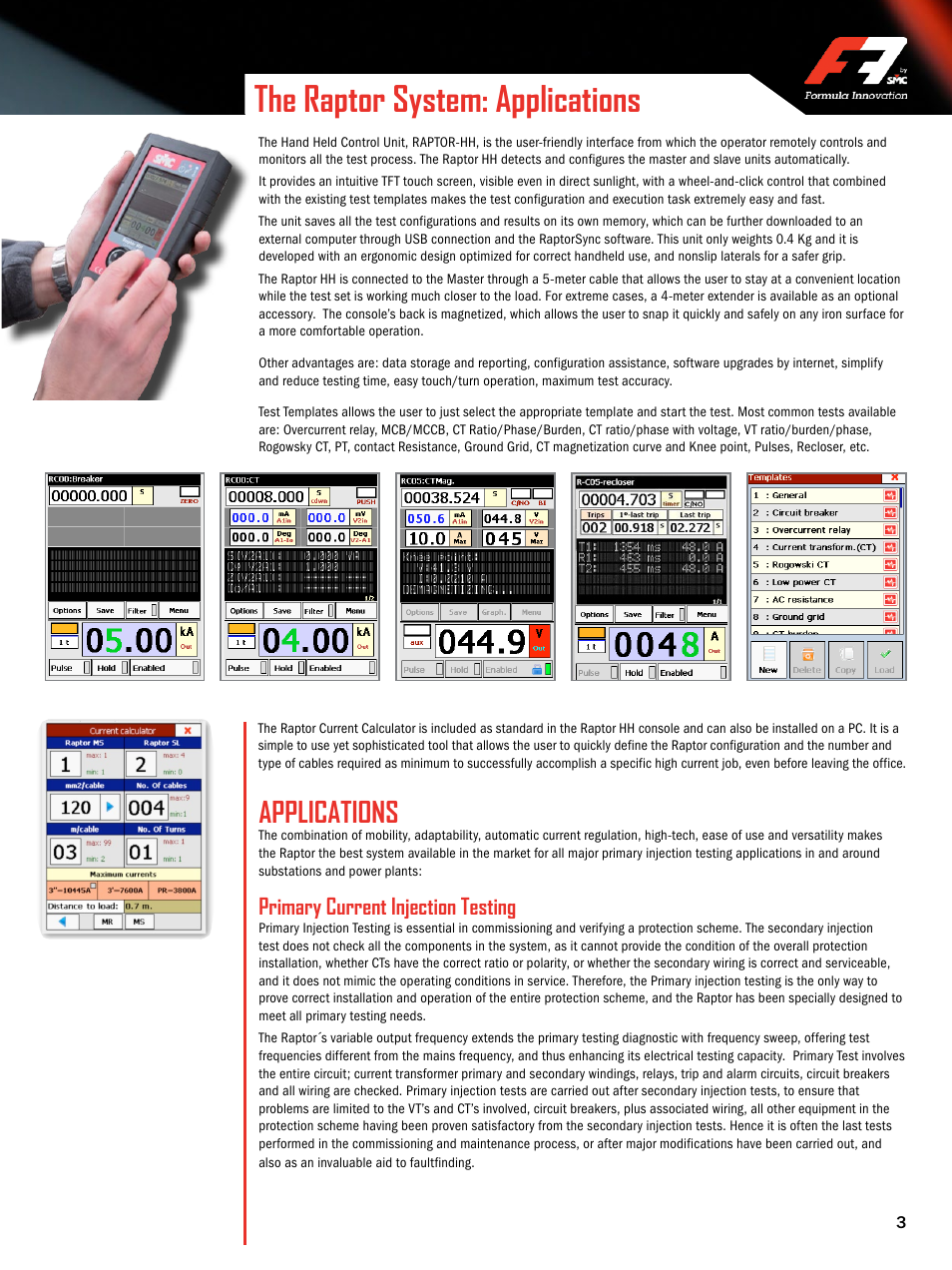 The raptor system: applications, Applications, Primary current injection testing | Atec EuroSMC-Raptor User Manual | Page 3 / 8