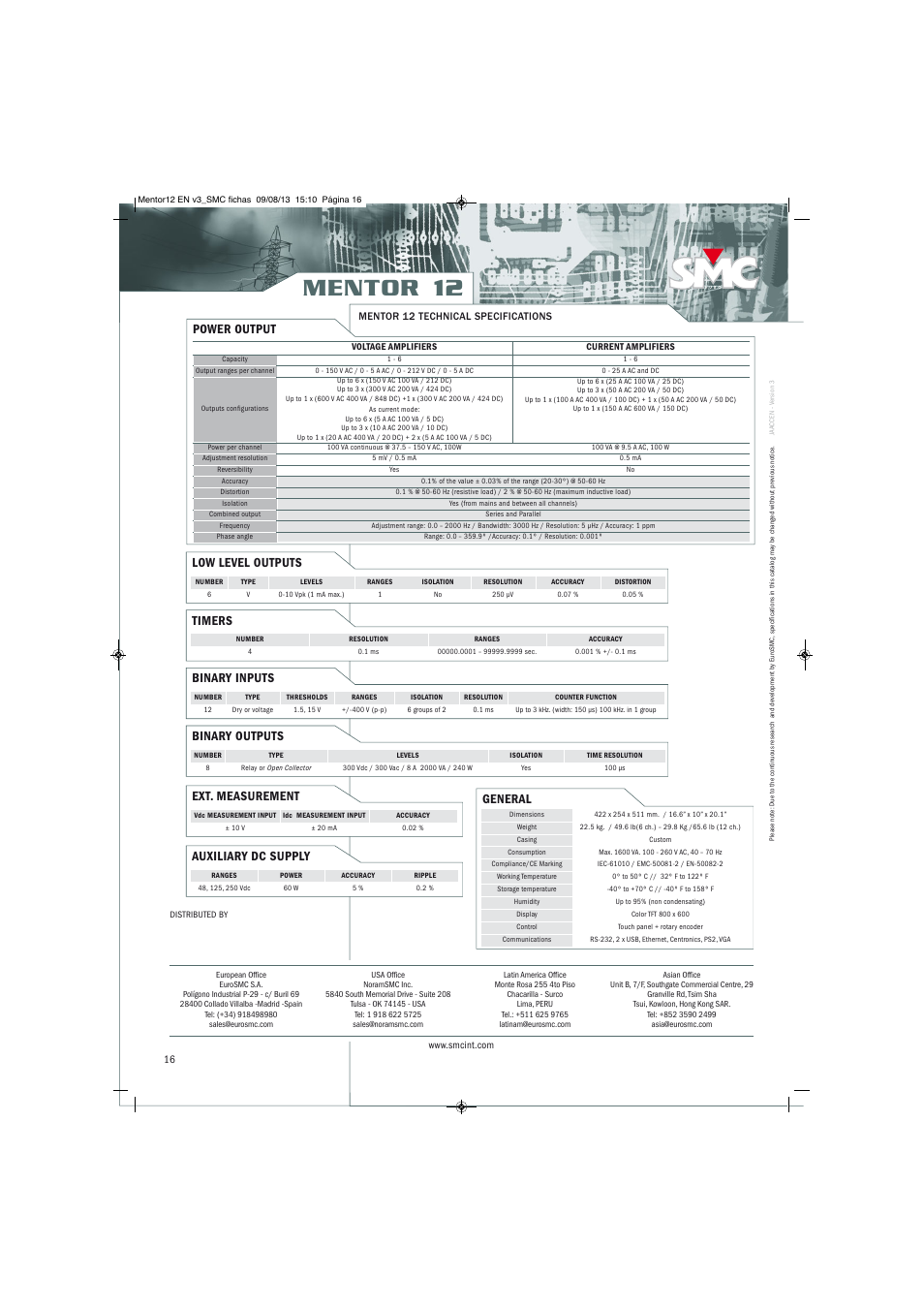 Mentor 12, Power output general, Low level outputs | Timers, Binary inputs, Binary outputs, Auxiliary dc supply, Ext. measurement | Atec EuroSMC-Mentor-12 User Manual | Page 16 / 16