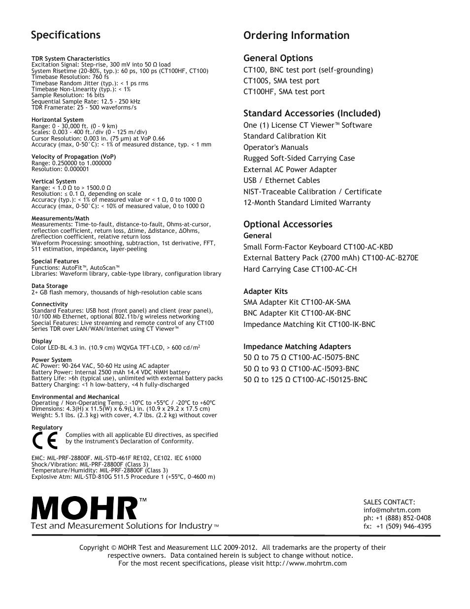 Ordering information, Specifications, Test and measurement solutions for industry | General options, Standard accessories (included), Optional accessories | Atec Mohr-CT100 Series User Manual | Page 2 / 2