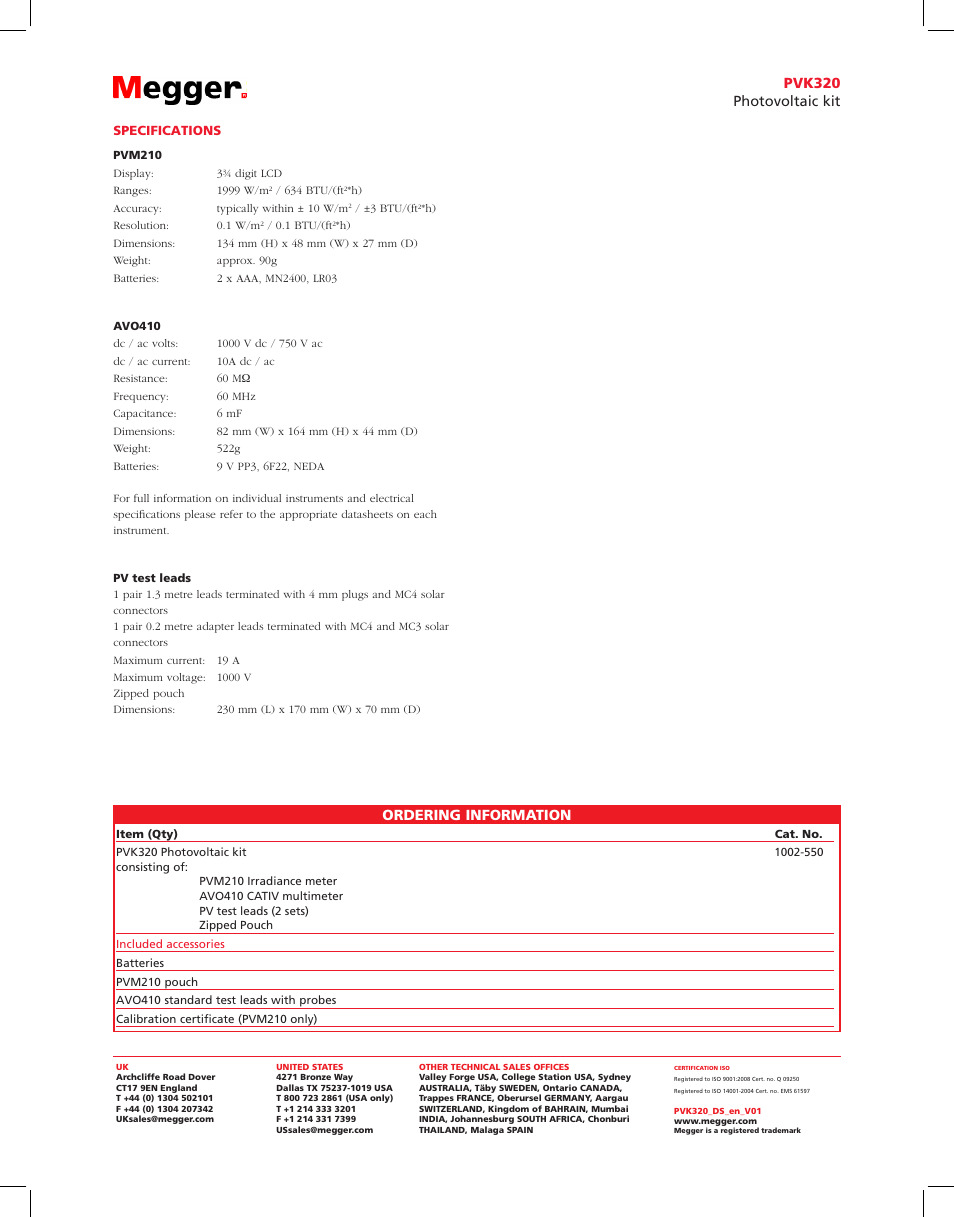 Pvk320 photovoltaic kit, Ordering information | Atec Megger-PVK320 User Manual | Page 2 / 2