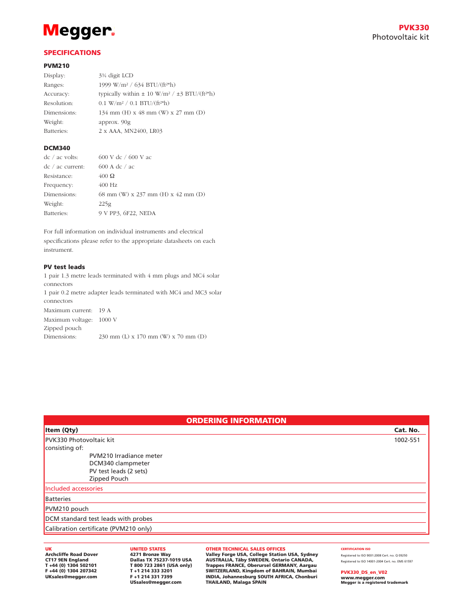 Pvk330 photovoltaic kit, Ordering information | Atec Megger-PVK330 User Manual | Page 2 / 2