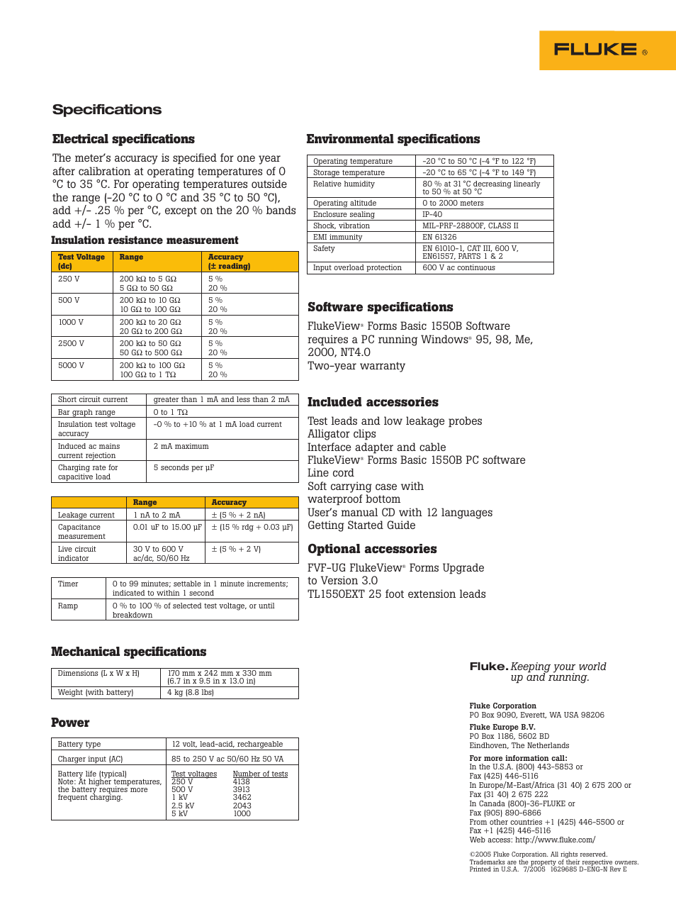 Fluke-1550_datasheet, Specifications, Electrical specifications | Mechanical specifications, Power, Environmental specifications, Software specifications, Included accessories, Optional accessories, Flukeview | Atec Fluke-1550 User Manual | Page 2 / 2