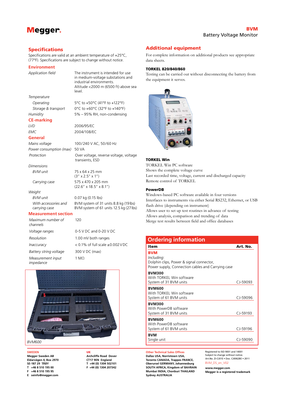 Ordering information, Bvm battery voltage monitor, Specifications | Additional equipment | Atec Megger-bvm User Manual | Page 2 / 2