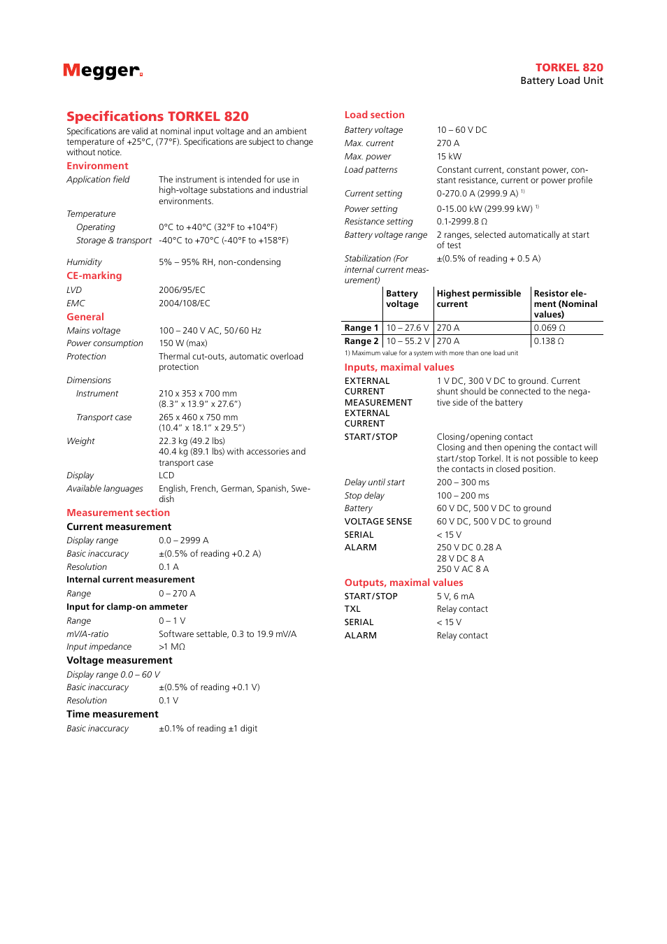 Specifications torkel 820, Torkel 820 | Atec Megger-TORKEL-820 User Manual | Page 3 / 6