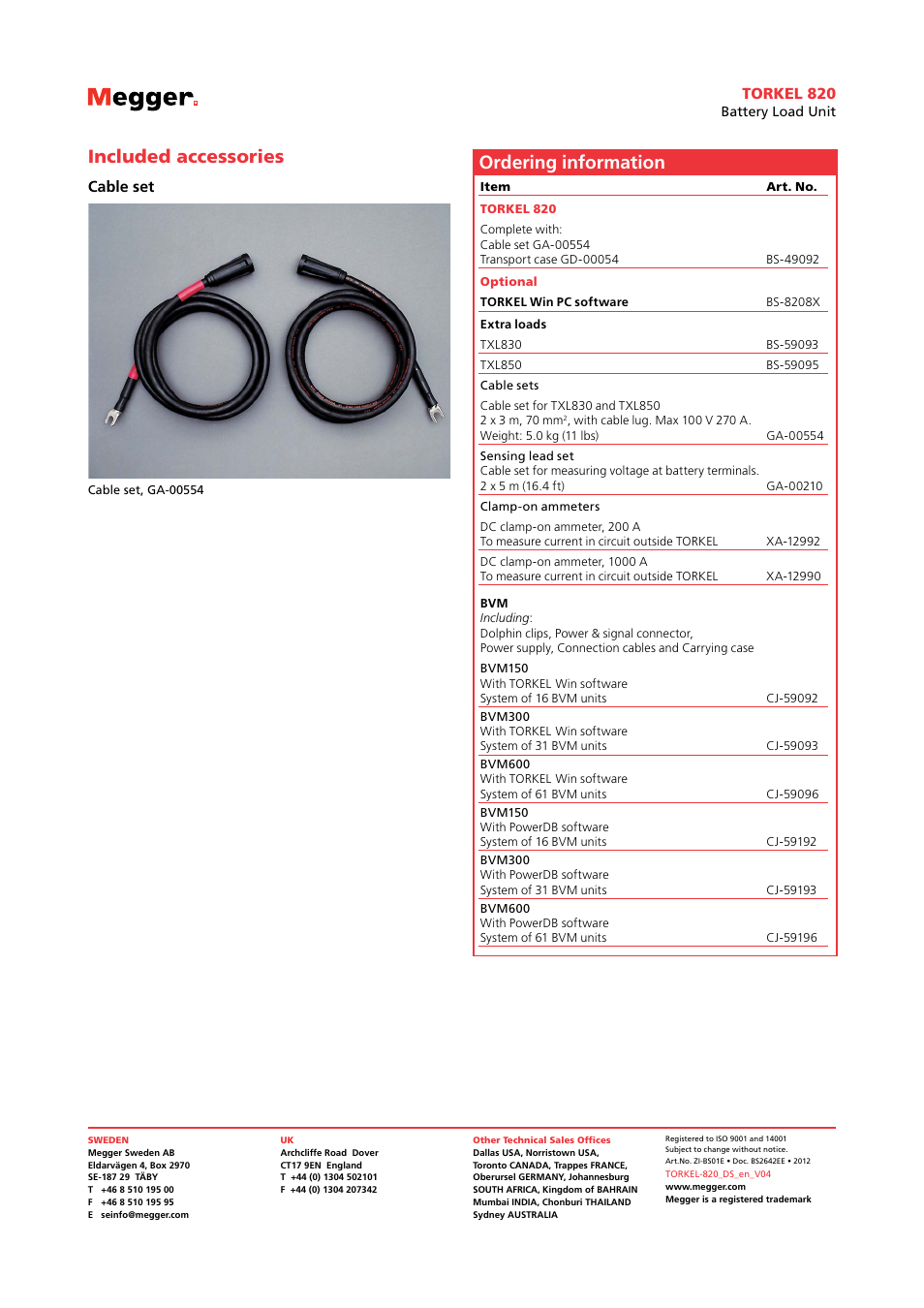 Ordering information, Included accessories, Torkel 820 | Cable set | Atec Megger-TORKEL-820 User Manual | Page 6 / 6