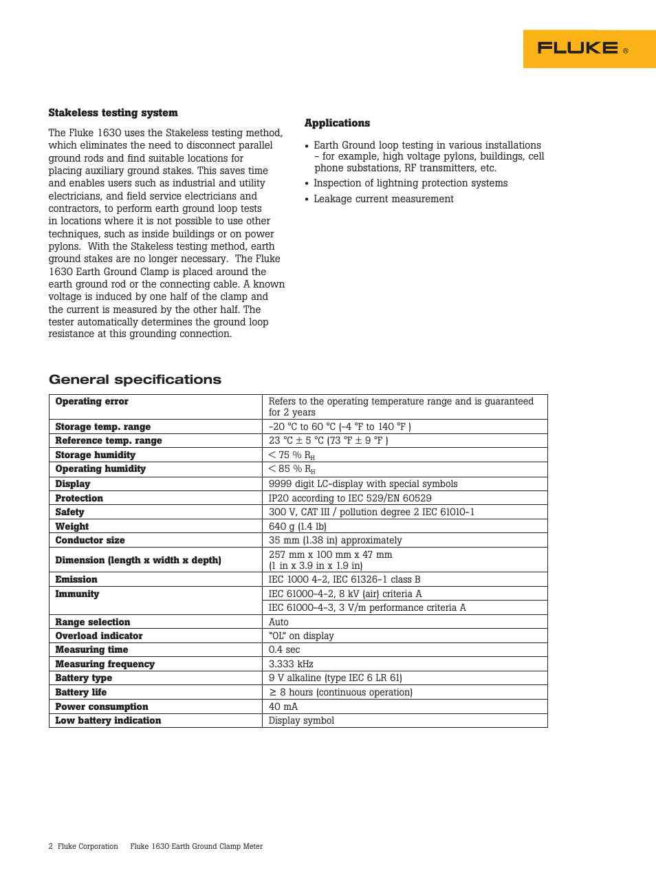 General specifications | Atec Fluke-1630 User Manual | Page 2 / 3