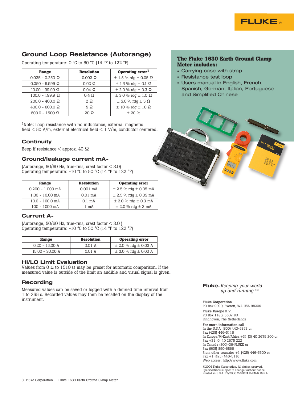 Ground loop resistance (autorange), The fluke 1630 earth ground clamp meter includes | Atec Fluke-1630 User Manual | Page 3 / 3