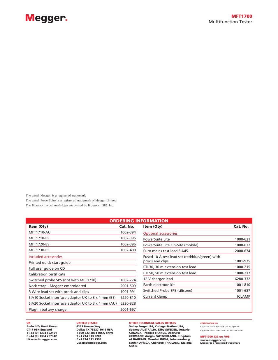 Ordering information, Mft1700 multifunction tester | Atec Megger-MFT1700 Series User Manual | Page 4 / 4