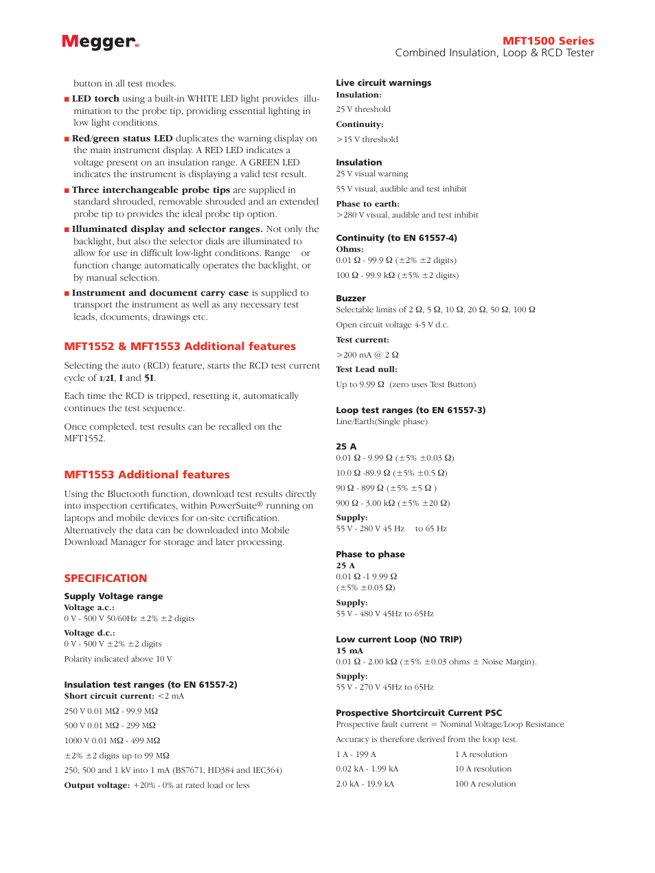 Mft1553 additional features, Specification | Atec Megger-MFT1500 Series User Manual | Page 3 / 4