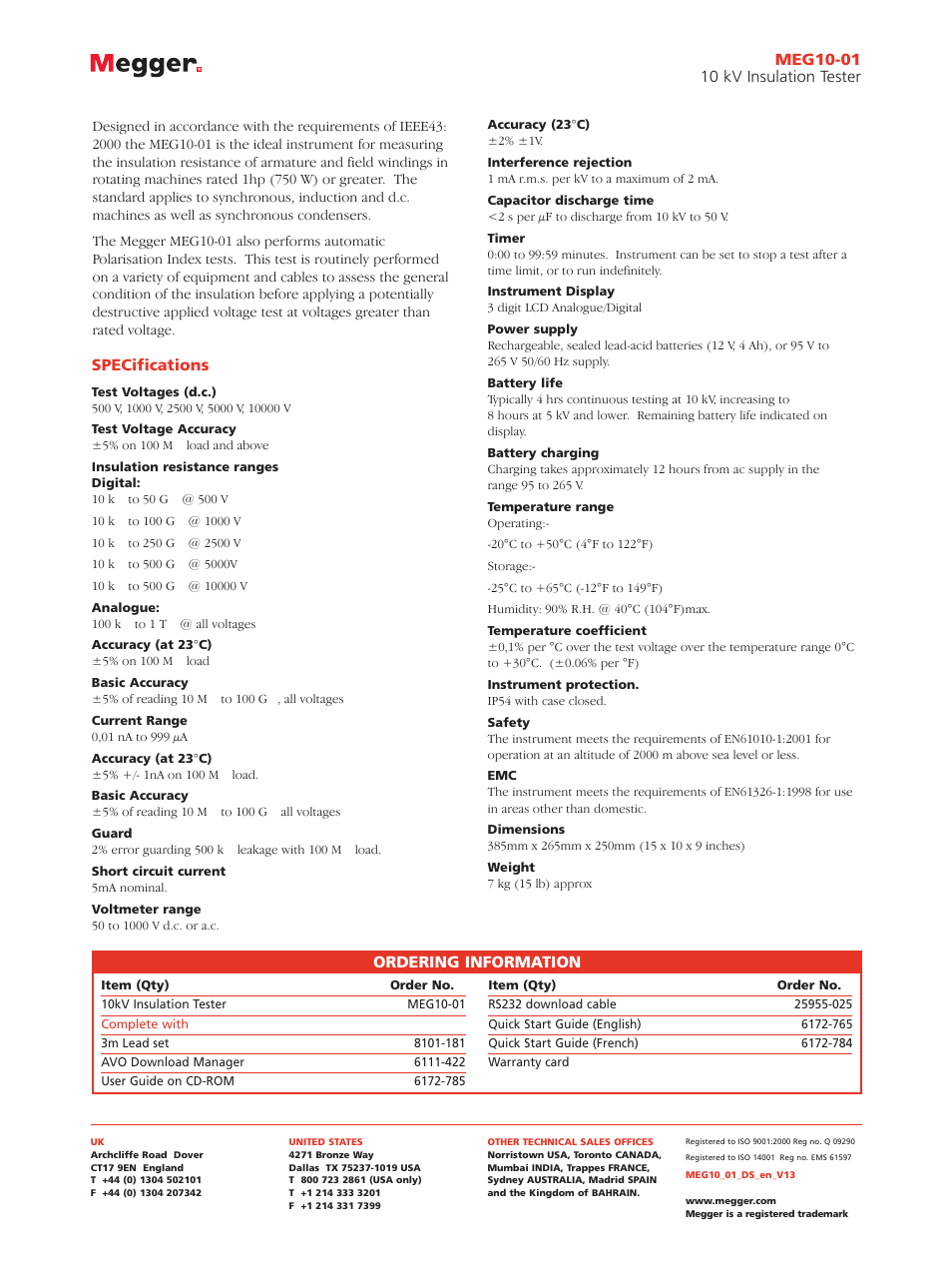 Ordering information, Specifications | Atec Megger-MEG10-01 User Manual | Page 2 / 2