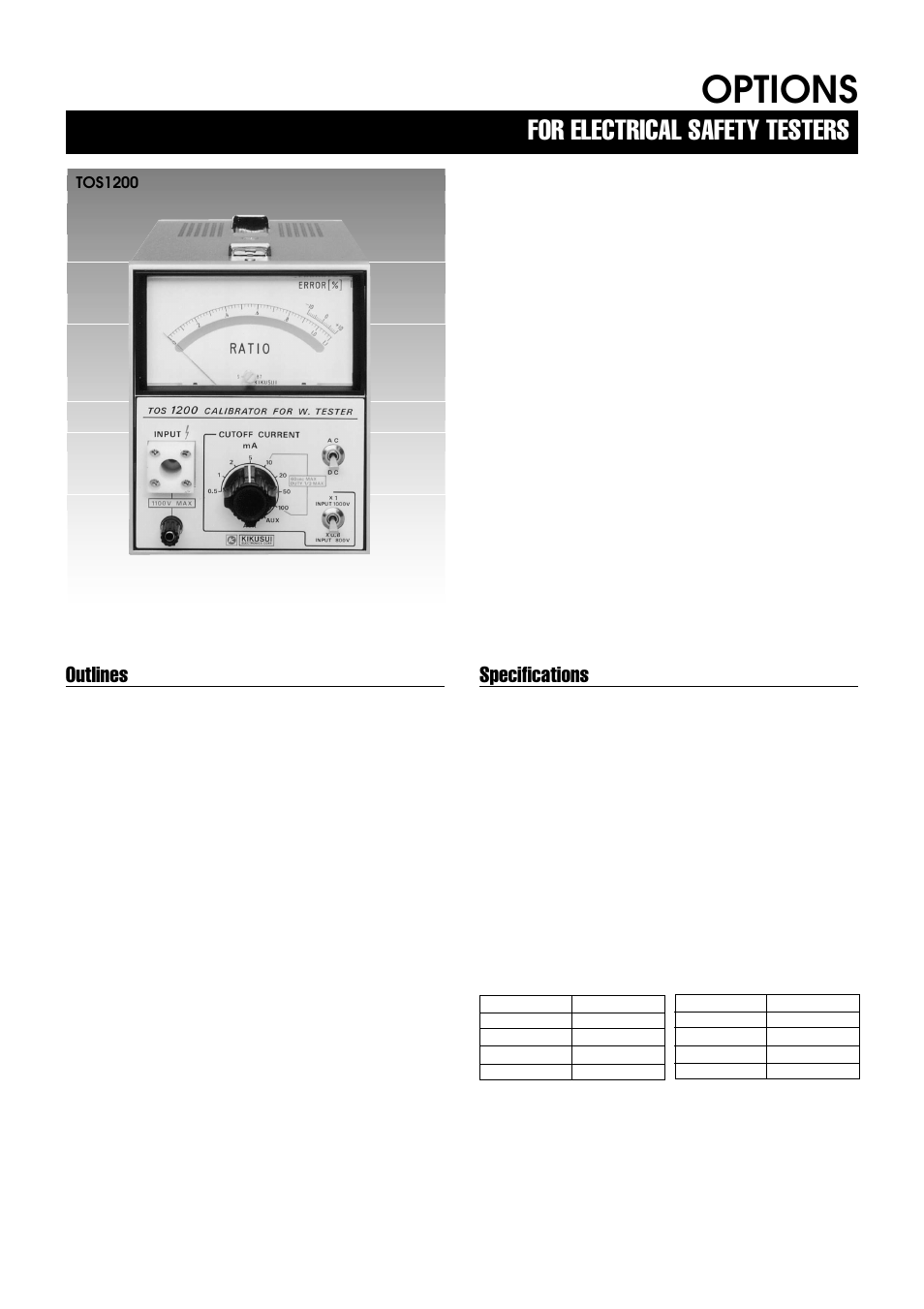 Options, For electrical safety testers, Outlines | Specifications | Atec Kikusui-TOS6100 User Manual | Page 2 / 3