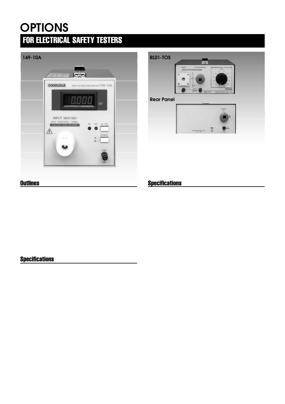 Options, For electrical safety testers, Specifications | Outlines | Atec Kikusui-TOS6100 User Manual | Page 3 / 3