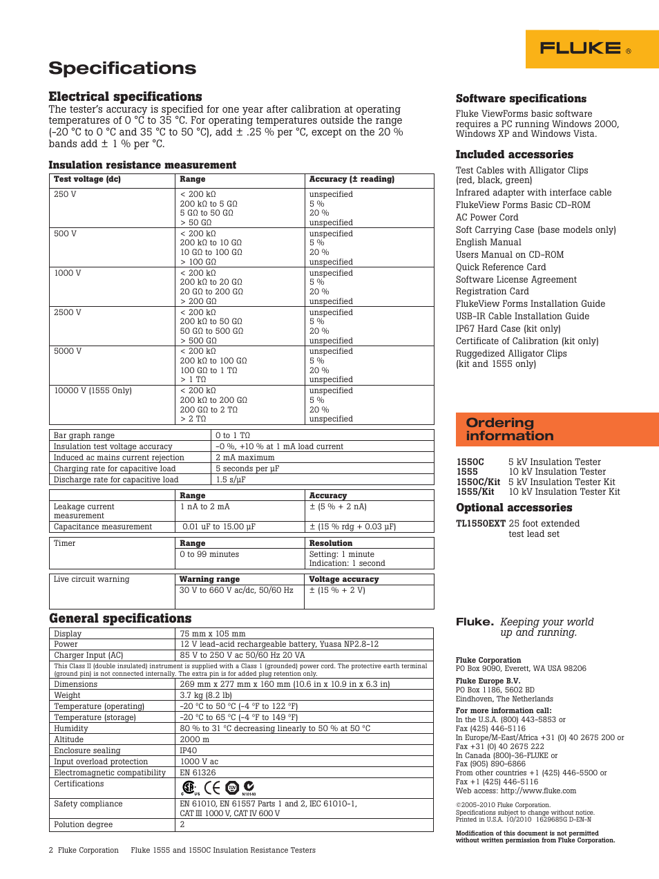 Specifications, Electrical specifications, General specifications | Ordering information, Optional accessories, Included accessories, Software specification, Insulation resistance measurement | Atec Fluke-1555-1550C User Manual | Page 2 / 2