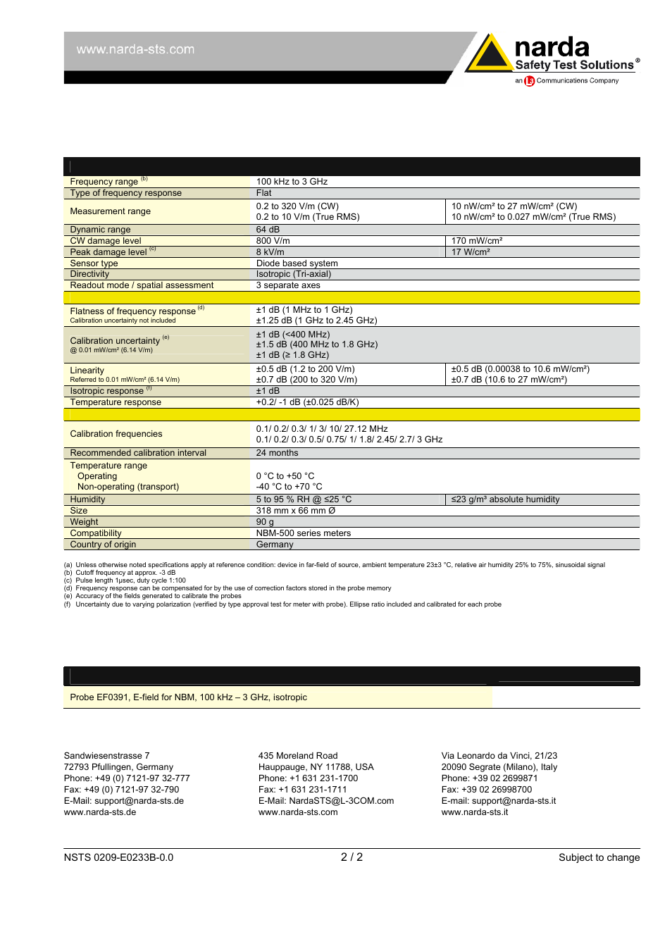 Specifications, Ordering information | Atec Narda-EF0391 User Manual | Page 2 / 2