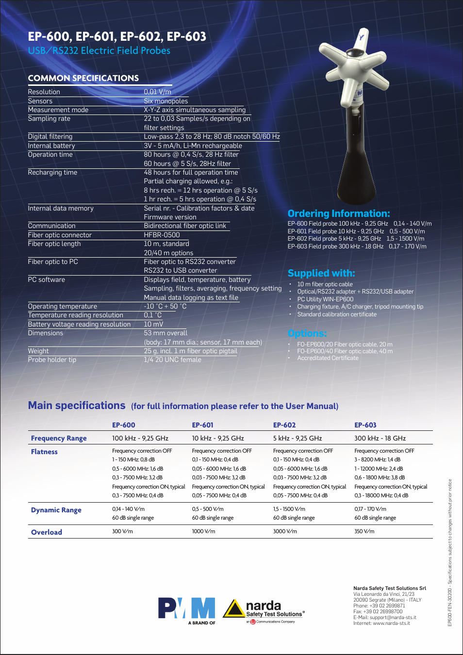 Usb/rs232 electric field probes, Main specifications, Ordering information | Supplied with, Options, Common specifications | Atec PMM-EP600 User Manual | Page 2 / 2