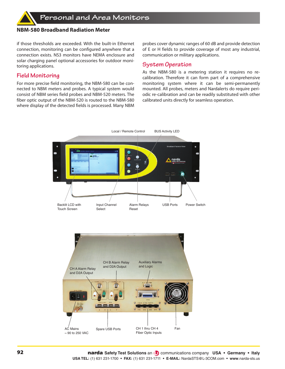 Personal and area monitors, Field monitoring, System operation | Nbm-580 broadband radiation meter | Atec Narda-NBM-580 User Manual | Page 2 / 4