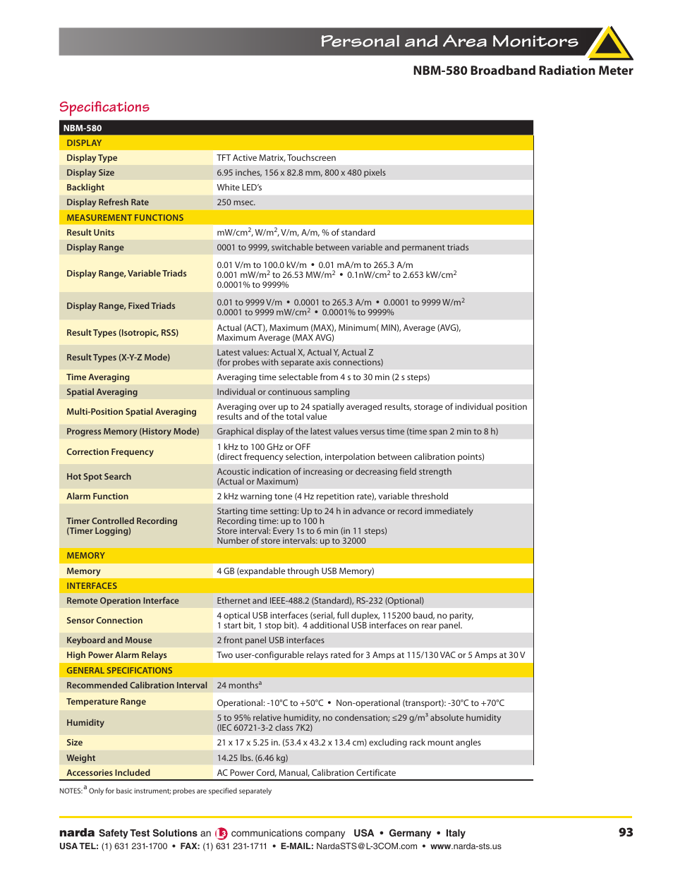 Personal and area monitors, Specifications, Nbm-580 broadband radiation meter | Atec Narda-NBM-580 User Manual | Page 3 / 4