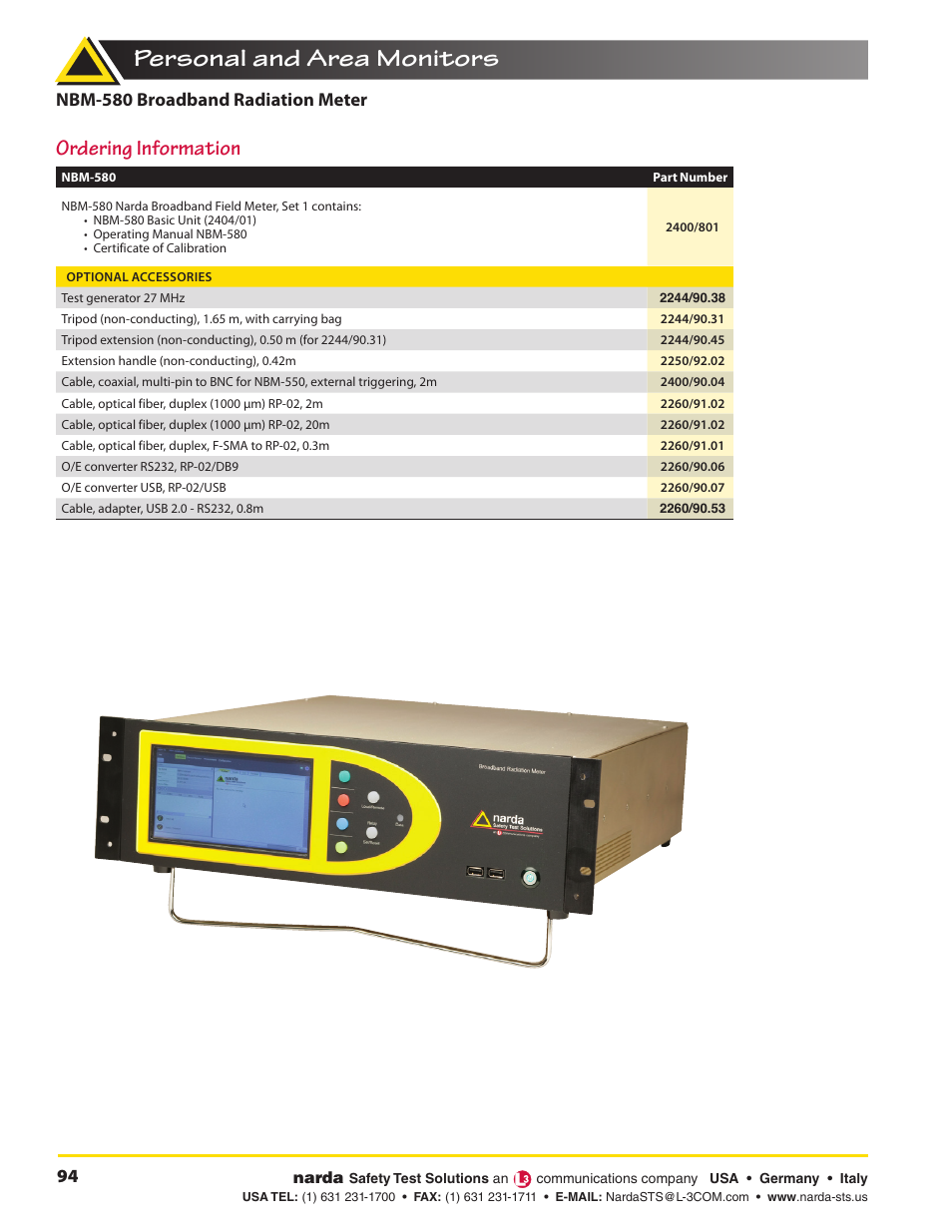 Personal and area monitors, Ordering information, Nbm-580 broadband radiation meter | Atec Narda-NBM-580 User Manual | Page 4 / 4