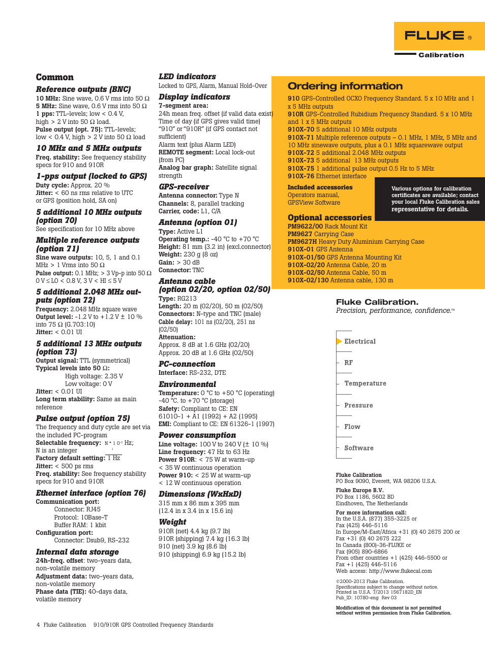 Ordering information, Common, Optional accessories | Reference outputs (bnc), 10 mhz and 5 mhz outputs, Pps output (locked to gps), Multiple reference outputs (option 71), Pulse output (option 75), Ethernet interface (option 76), Internal data storage | Atec Fluke-910-910R User Manual | Page 4 / 4