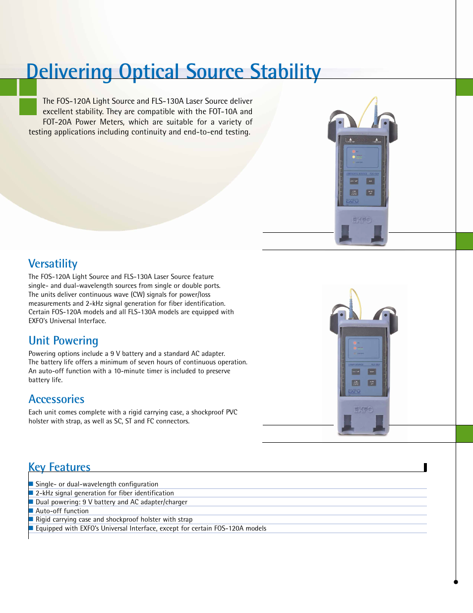 Delivering optical source stability, Versatility, Unit powering | Accessories, Key features | Atec Keytek-FOS-120A-FLS-130A User Manual | Page 2 / 4