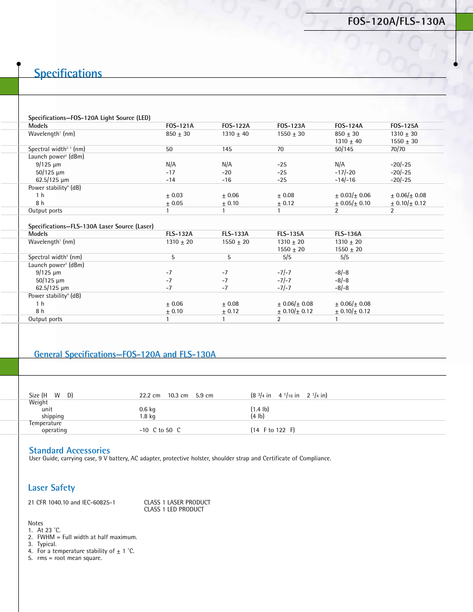 Specifications, Standard accessories, Laser safety | Atec Keytek-FOS-120A-FLS-130A User Manual | Page 3 / 4