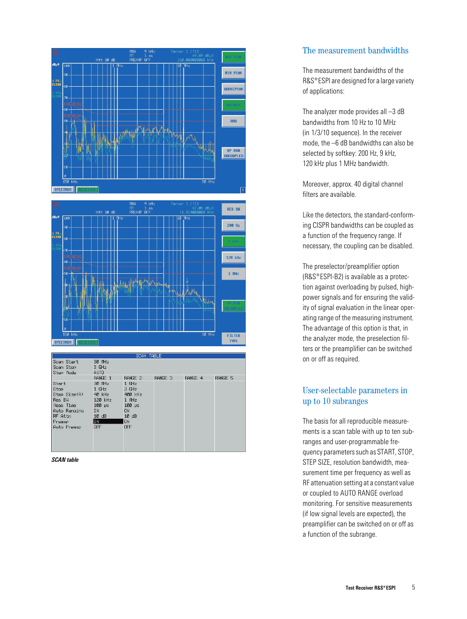 The measurement bandwidths, User-selectable parameters in up to 10 subranges | Atec Rohde-Schwarz-ESPI_Series_DatasheetsЙ User Manual | Page 5 / 16