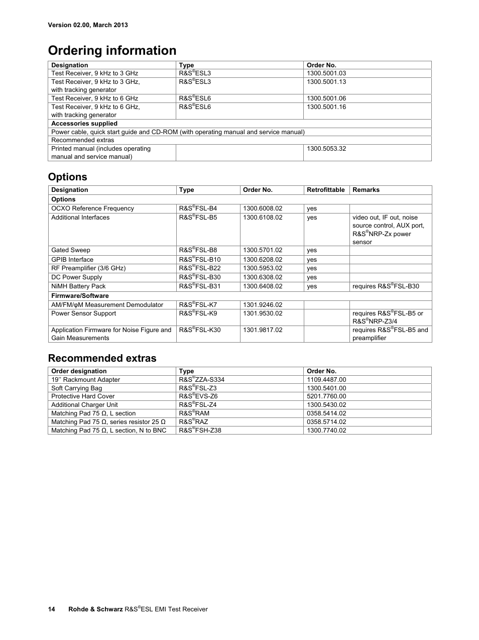 Ordering information, Options, Recommended extras | Atec Rohde-Schwarz-ESL Series User Manual | Page 14 / 16