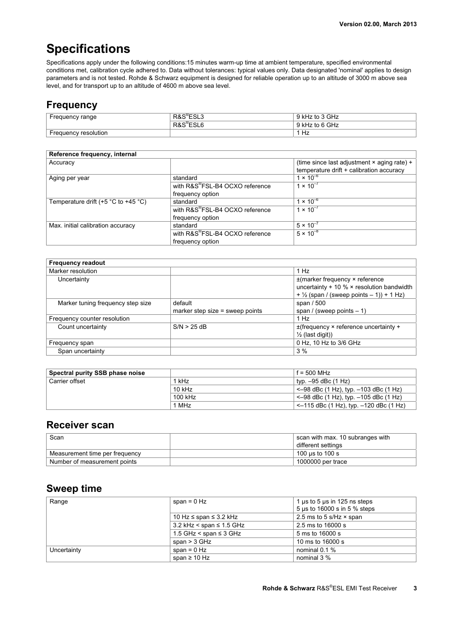 Specifications, Frequency, Receiver scan | Sweep time | Atec Rohde-Schwarz-ESL Series User Manual | Page 3 / 16